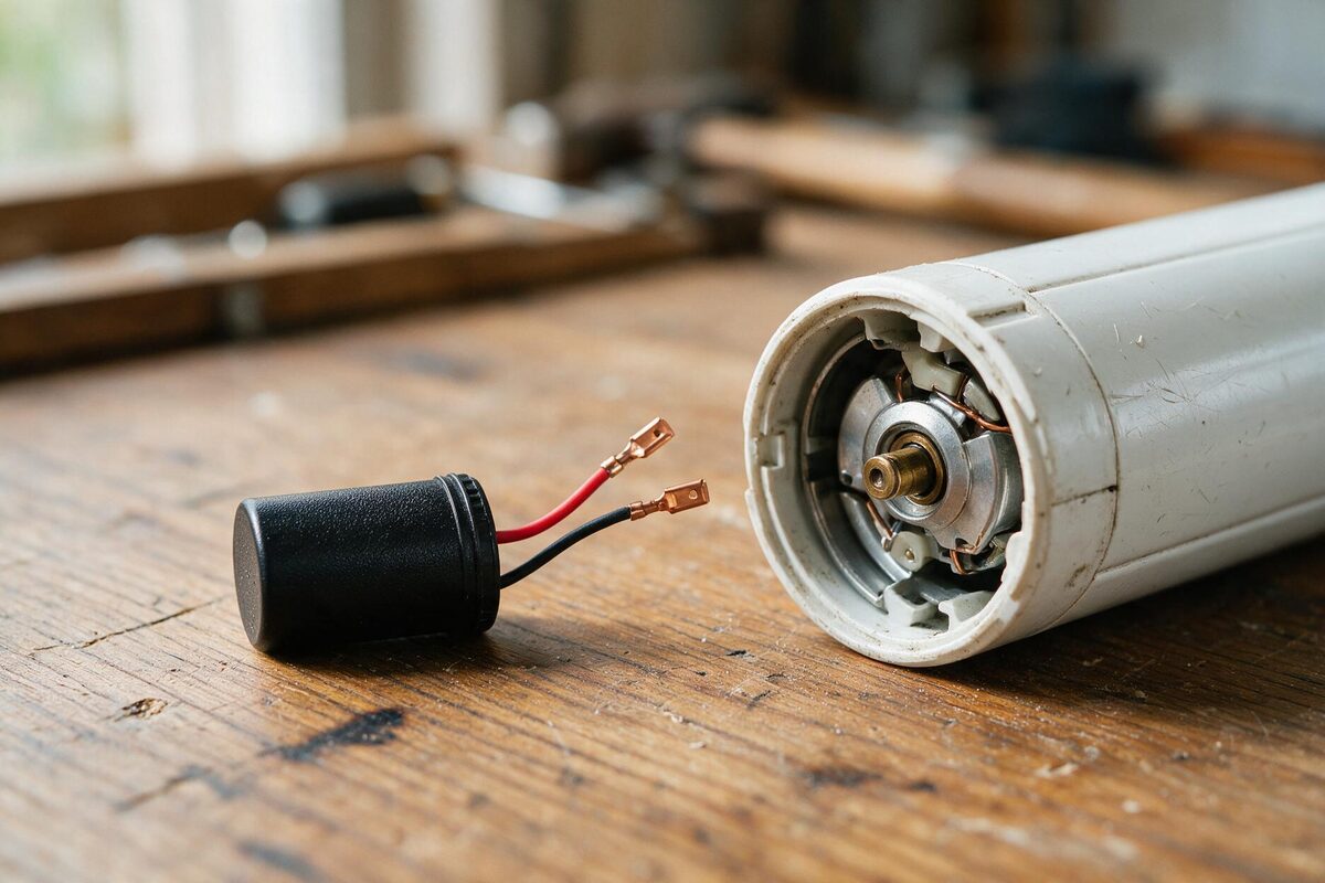 Condensateur cylindrique noir à deux fils posé devant la tête ouverte d'un moteur tubulaire de volet roulant