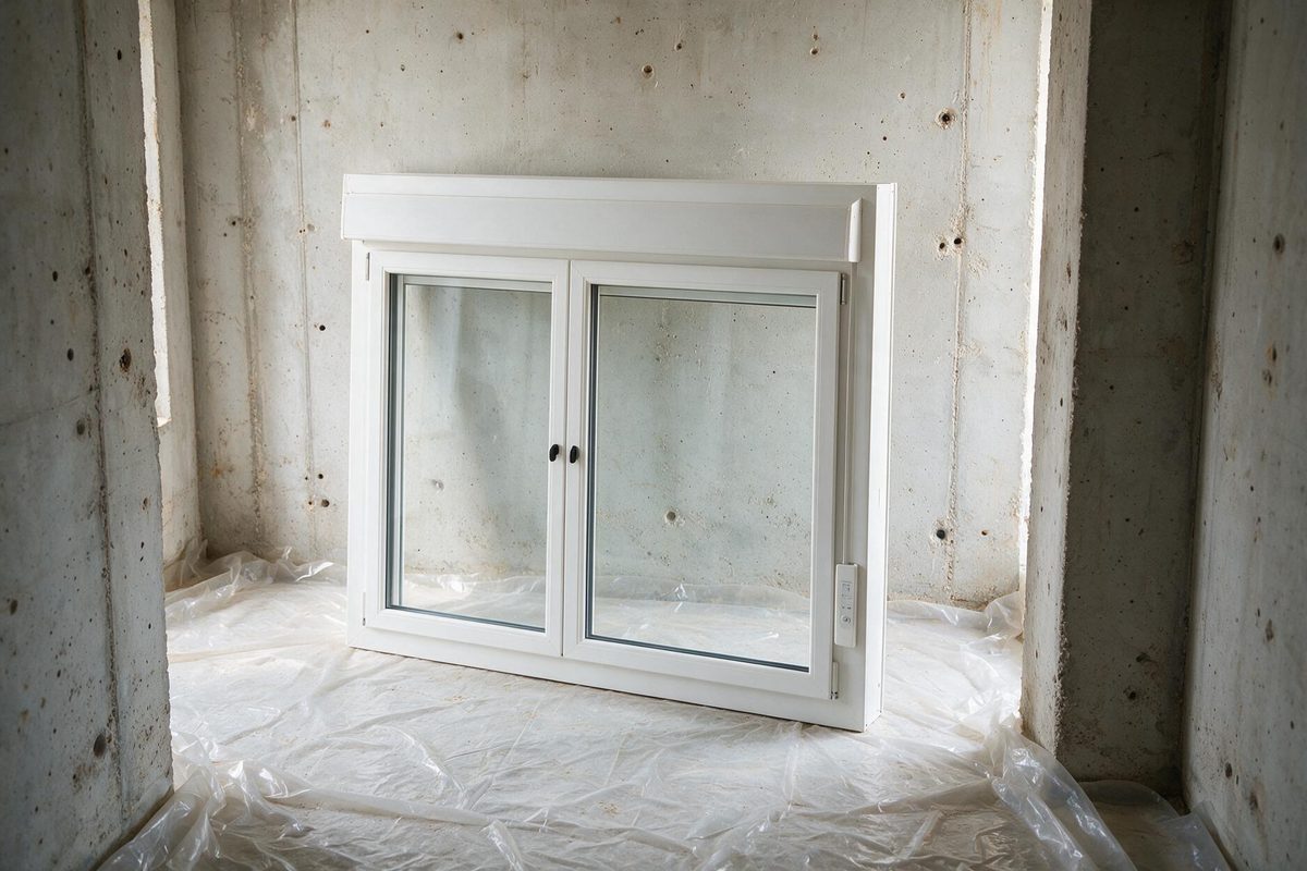 Fenêtre PVC neuve avec volet roulant intégré posée contre un mur avant installation