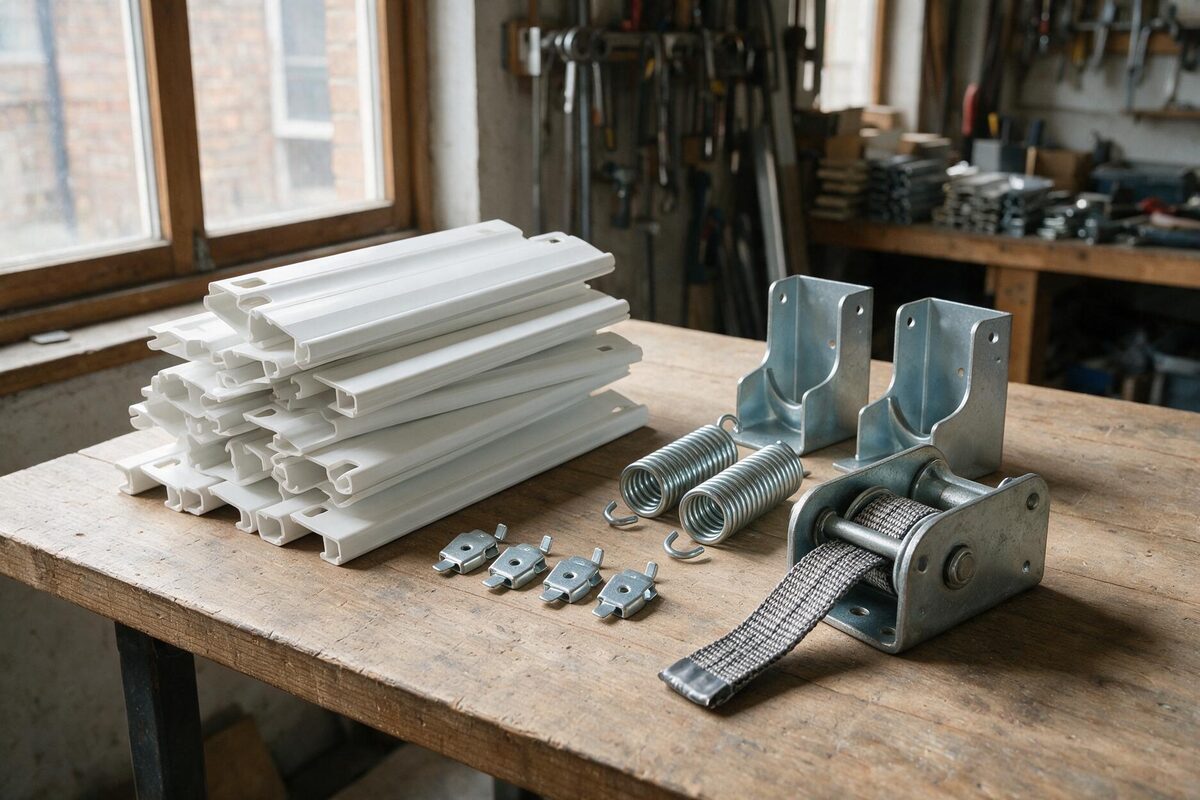 Pièces détachées de volet roulant posées sur un établi : lames PVC blanches, verrous, treuil et supports d'axe