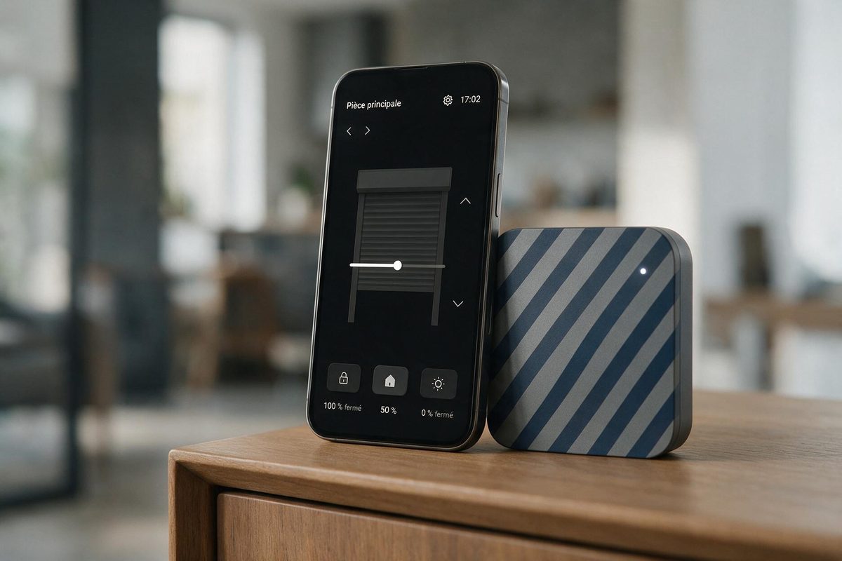 Smartphone affichant une interface de pilotage de volets roulants, posé près d'une box domotique