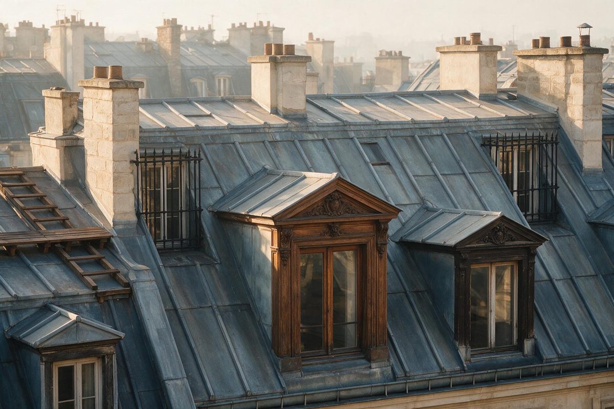Toits parisiens en zinc avec lucarnes équipées de volets roulants au premier plan