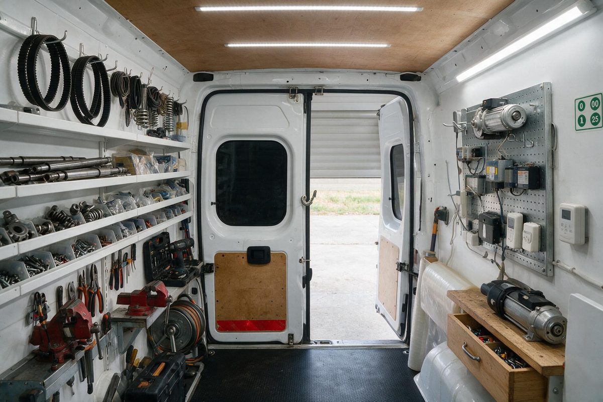 Intérieur d'un utilitaire d'artisan aménagé avec rayonnages de pièces et outillage pour volets roulants