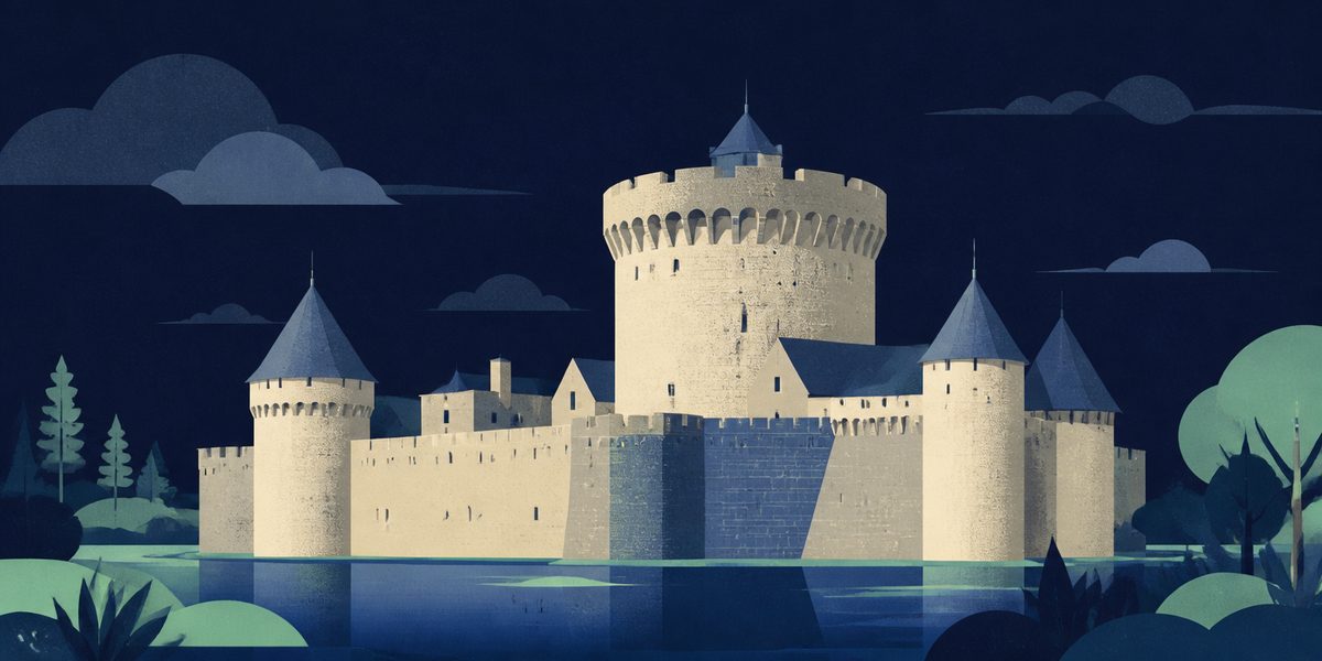 Illustration du château de Dourdan : donjon circulaire, courtines et tours d'angle entourés de douves.