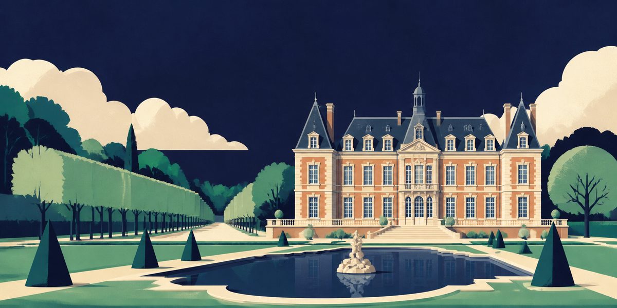 Illustration du château de Sceaux : pavillon de brique et pierre aux hauts toits d'ardoise, bassin et allée du parc.