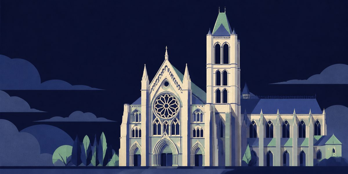 Illustration de la basilique de Saint-Denis : façade gothique, rosace et tour unique.