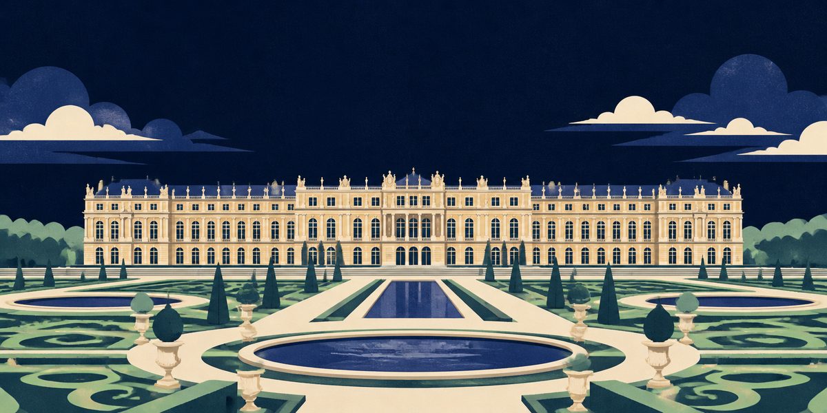 Illustration du château de Versailles : longue façade classique et parterres du jardin à la française.