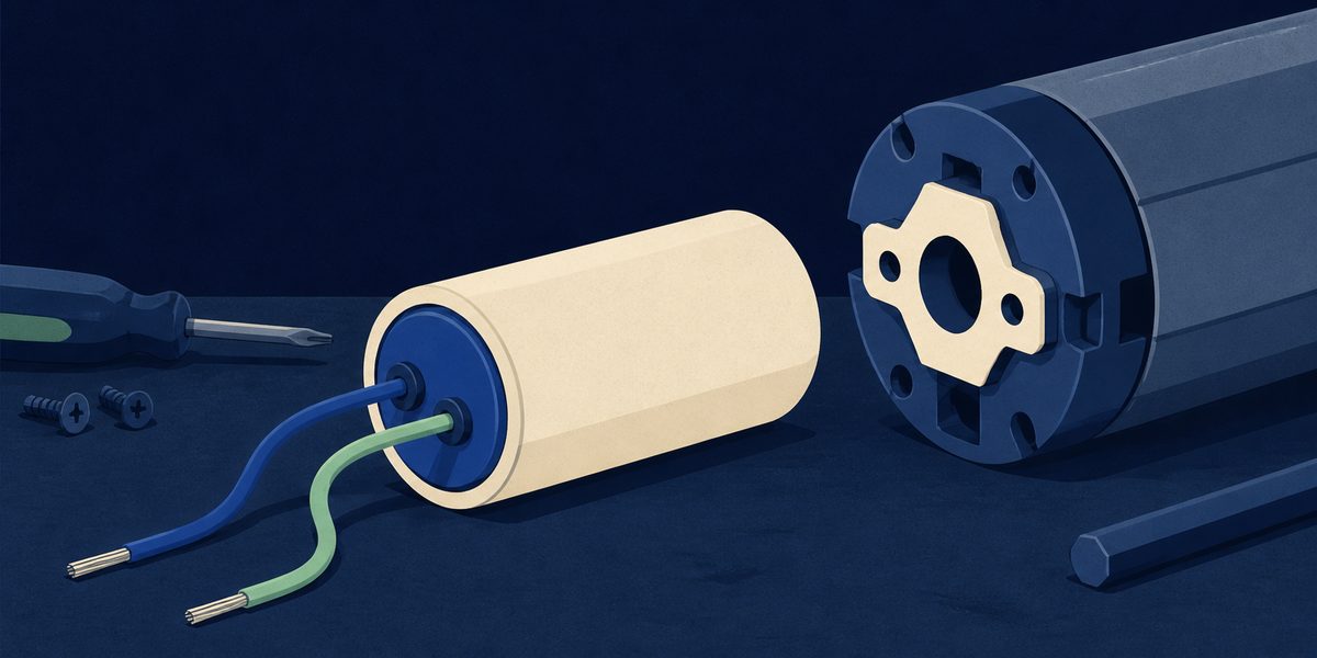 Illustration d'un condensateur cylindrique et de ses deux fils, posé près de la tête du moteur.